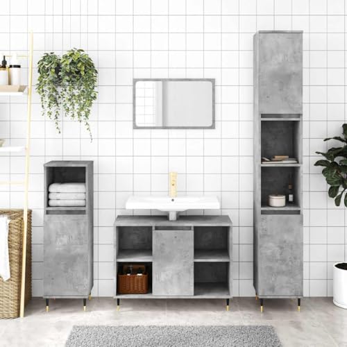 WRJENFSC Armario de baño, gris hormigón, 30 x 30 x 100 cm, material derivado de la madera con patas de hierro, diseño moderno, puerta de montaje flexible, mueble de baño para habitaciones pequeñas