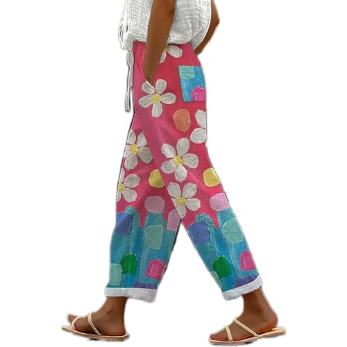 Womens Floral Cotton Linen Pants Casual Boho Drawstring Elastic Waist Straight Leg Summer Capri Pants with Pockets