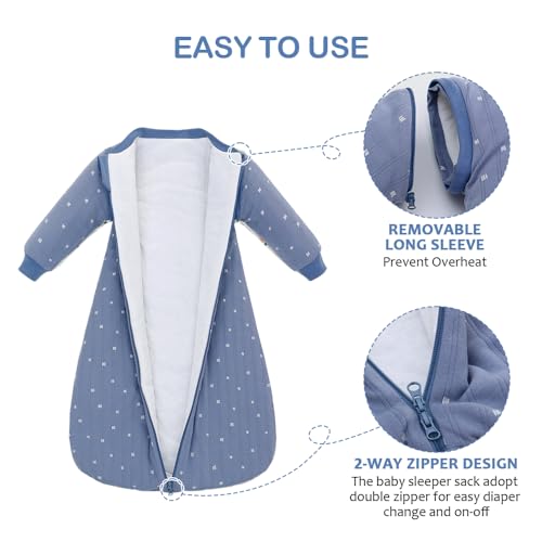 Image of Baby Sleep Sack, TOG 2.5 Winter Wearable Blanket, Removable Long Sleeves Baby Sleeping Bag for Infants and Toddlers, Super Soft Warm Comfortable Sleeping Sack, Blue White Stripes, 6-18M