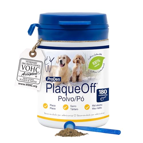 ProDen PlaqueOff Perros y Gatos en Polvo 60g, Limpieza Dental con 100% Alga Natural, Limpiador de Sarro Dental y de Placa, Elimina Eficazmente el Mal Aliento en Mascotas, Hasta 6 meses de duración