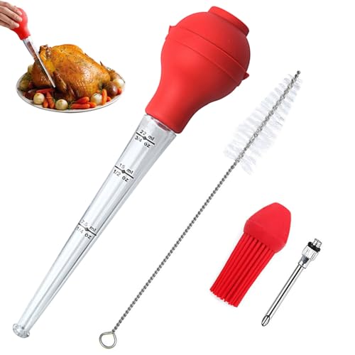 MUNSKT Truthahn-Bratenspressen-Set handelsübliche Qualität FDA-Qualität inklusive Fleischmarinade-Injektornadel mit Grillbürste und Reinigungsbürste für einfache Reinigung Kochen (rot)