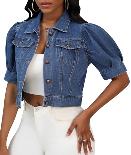 SEMATOMALA Women's Croppped Jean Jacket Puff Short Sleeve Button Down Denim Coat Crop Top Outerwear2