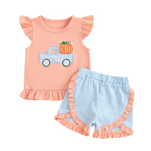 Rtnnsbbfcm Toddler Baby Girl Halloween Outfit Pumpkin Embroidery Fly Sleeve T-shirt Top Plaid Shorts 2Pcs Set
