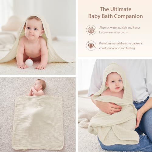 Image of Unnivoll Hooded Baby Towels for Newborn - 2 Pack, 100% Muslin Cotton, Baby Bath Towels with Hood, Soft and Absorbent for Boys, Girls Infant, Toddler and Kids, Large 32x32 Inches, Newborn Essential
