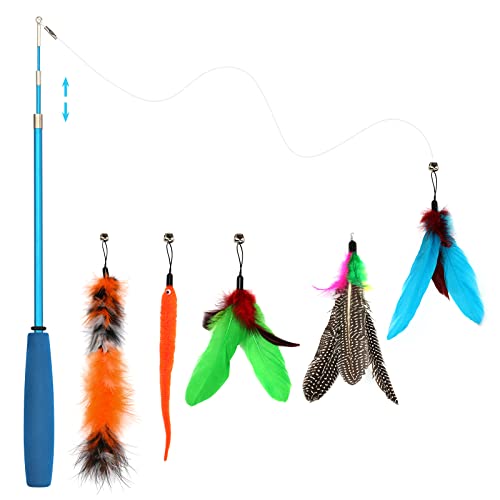 Depets Feather Wand Toy, Retractable Wand with 5 Assorted Feather Refills, Interactive Cat Toy for Indoor Kitten Fun