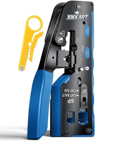 Image of XIKKART Cat7 RJ45 Crimping Tool Kit | Pass Through Ethernet Cable Crimper with Wire Stripper & Cutter | Heavy Duty Network Cable Installtion Crimper Tool for Cat7 Cat6A Cat6 Cat5e Connectors, (Blue)