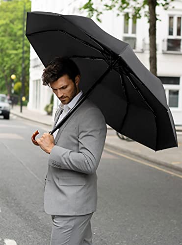 Dorriso Luxury Men Folding Umbrella Automatic Open Close Imitation Wood J-Handle Compact Business Windproof Travel Umbrella J-Handle Yellow #TOP1