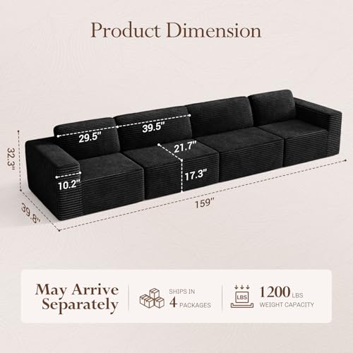 Image of Vesgantti 159 inch Modular Sectional Sofa, Corduroy Cloud Couch with Extra Deep Seats & Spring Support, Flexible Layout 4-Seater Boneless Couch, No Assembly Required, Black