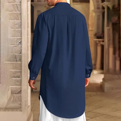 Chemise homme robe longue en lin bleu marine taille S kaftan décontracté