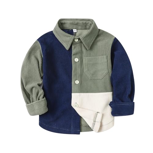 Tiinoh Toddler Boys Button Down Shirt Baby Long Sleeve Corduroy Color Block Kids Outfit Fall Winter Clothes (US, Age, 12 Months, 18 Months, Green)