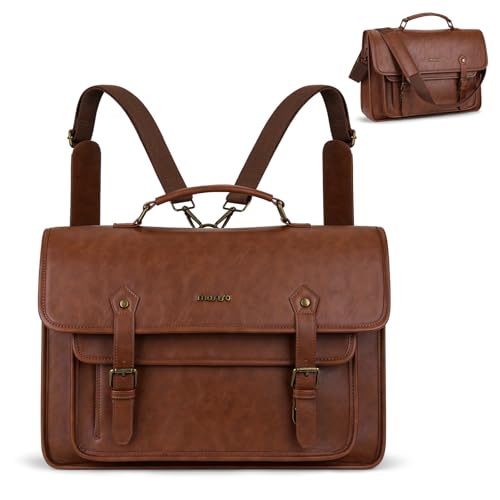 MOSISO Wasserdichte Laptoptasche, 15,6 Zoll Vintage PU-Leder Laptop Schultertasche Laptop Umhängetasche Convertible Rucksack, Aktentasche Lässige Handtasche für College Arbeit Reisen, Braun