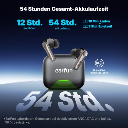 EarFun Air Pro 4+ Bluetooth Kopfhörer mit Noise Cancelling, Hybrid-Treibersystem, Hi-Res Audio, aptX Lossless, LDAC, 6 Mik. KI Anrufe, 54 Std. Akku, Multipoint, Trageerkennung, IP55, Bluetooth 6.0