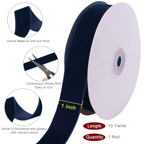 Image of Tsorode 10 Yards Black Velvet Ribbon 1 Inch for Christmas Tree,Velvet Christmas Ribbon for Gift Wrapping Crafts Bow Wreath Holiday Decorations (Navy, 1 inch-10 Yard)