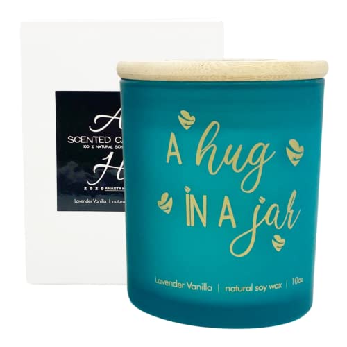 Hug In A Jar - Natural Soy Wax Candle Gift Boxed - Friendship Teal Candle, Mom, Father, Sister, Grandma - Great Gift For Birthday & Get Well Soon, Lavender Vanilla Scent (Teal) #TOP26
