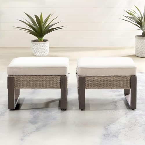Gardenbee 2 Pieces Outdoor Patio Ottoman, All-Weather PE Rattan Ottomans Footstools with Removable Cushions & Anti-Rust Steel Frame Legs for Garden Backyard Porch Deck, Beige