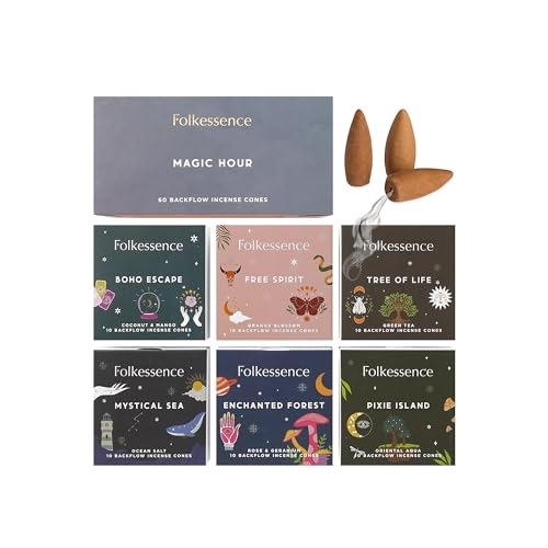 Folkulture Backflow Incense Cones | Set of 6 Waterfall Incense Cones Scented | Ocean Salt, Green Tea, Rose & Geranium, Orange Blossom, Coconut & Mango, Oriental Aqua Insense Cones (Magic Hour)