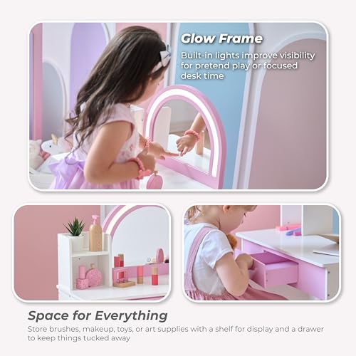Image of Teamson Kids Rose Shine Play Vanity Set, White /Pink, Ages 3+ | Built-in LED Strip Lights, Touch Sensor Mirror, 2-in-1 Vanity & Desk, Modern Pretend Makeup Table, Includes Stool