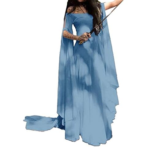 JiXuan Plus Size S-5XL Womens Vintage Medieval Floor Length Dress Off Shoulder Half Sleeve Cosplay Dress Princess Dresses Light Blue M Cover