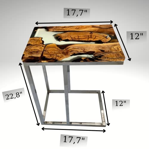 Armchair Side Table, Snack Sofa Table,Wood Live Edge C Table End Table, Drink Stand Table, Epoxy Side Table With Silver Metal Legs, C Shaped Table For Sofa,Resin Coffee Table (Desing 2) #TOP4