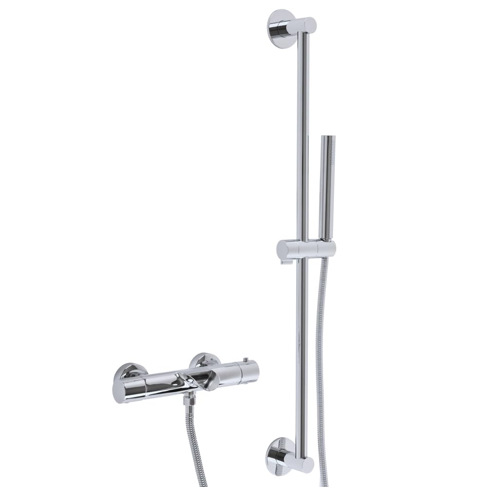 Milano Chrome Arlo Round Thermostatic Bar Mixer Valve Bath Spout Riser Rail Hand Shower Handset