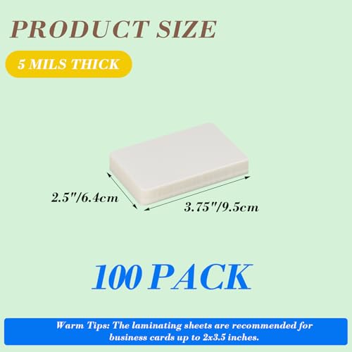 HORLIMER 100 Pack 2 x 3.5 Thermal Laminating Sheets, Clear Business Card Laminating Pouches 2.5 x 3.75 for Laminator, 5 Mil