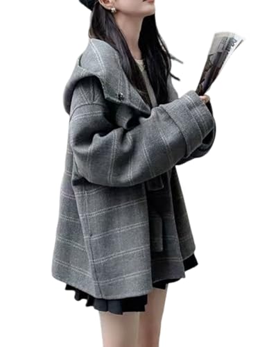 utcoco Women Oversized Plaid Wool Coats Winter Warm Thicken Hooded Pea Coat Trench Overcoats with Pockets