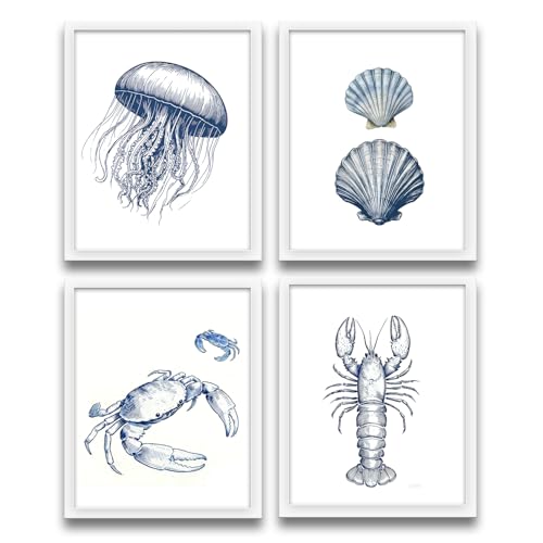 XUNLURY Navy Blue Coastal Beach Wall Art Prints Unframed Set of 4, Minimalist Nautical Ocean Seashell Jellyfish Crab Lobster Artwork Wall Pictures for Beach House Cabin Home Bedroom, 8x10 - image 1