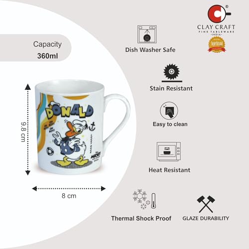 Image of Clay Craft - Official Disney Mugs : Donald Duck Print, Fine Ceramic Coffee Mug, 360 Ml |Cartoon Character Gift Mug for Kids & Adults | Microwave & Dishwasher Safe