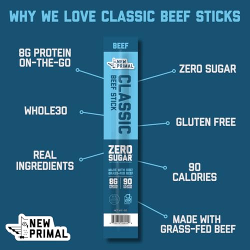 The New Primal Grass Fed Beef Sticks, Keto, Gluten Free Healthy Snacks for Adults, Sugar Free Low Carb High Protein Snack, Paleo Whole30 Jerky Meat Stick, 8g Protein, 90 Calories, 20 Pack - Thumbnail 3
