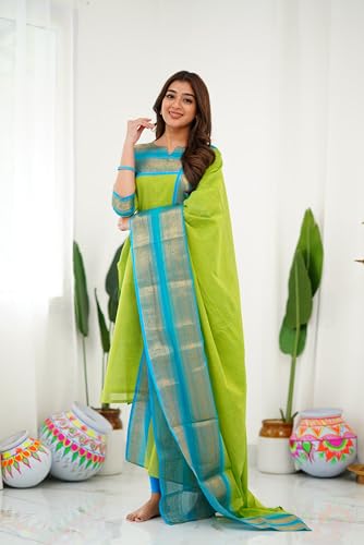 Image of TWINLIGHT Women's Kanchi Cotton Elephant Jaquard Work Kurta and Dupatta Set | V Neck 3 /4 Sleeves Straight Calf Length Kurti with Jaquard Border Work Dupatta | Kurti Set for Women