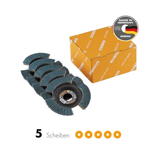 RHODIUS VISION PRO, 5 Stück Ø 115 mm K80 Fächerscheiben durchsichtig, Made in Germany, Metall Edelstahl Stahl INOX, für Winkelschleifer, Schleifscheibe, Fächerschleifscheibe