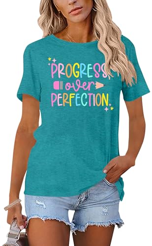 Teacher T-Shirt for Women Progress Over Perfection Graphic Shirt Inspirational School Teaching Tee Top2