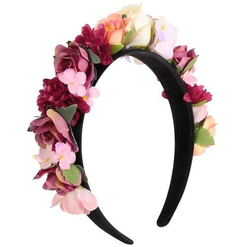 BOOMTOP Haarreif Blumen Dirndl Rosen Haarband Trachten Haarschmuck Blumen Haarkranz Stirnband Damen Mädchen Kopfband mit Gemischten Blüten für Hochzeit Karneval Mottoparty Rot Rosa Beige