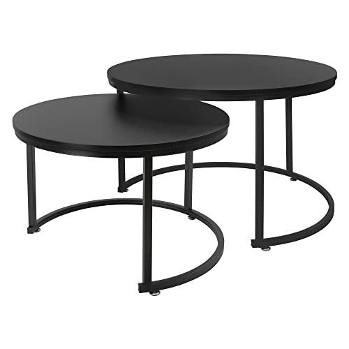 ML-Design Juego de 2 Mesas Auxiliares Redondas de Centro Ø59x40cm/Ø74x48cm MDF Roble Oscuro Estructura de Metal Negro Mate Mesita para Salón Diseño Moderno Tablero para Lámparas Accesorios Decorativos