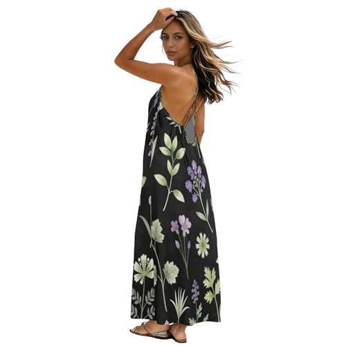 Robe longue verte sans manches à motif botanique pour femme d'été