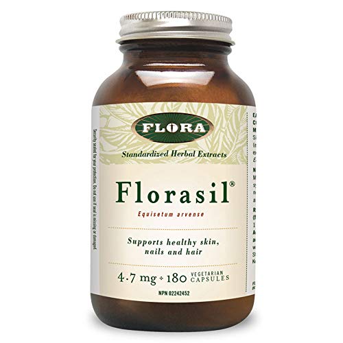 Flora Health FloraSil for Hair, Skin, and Nails - Supports Vegan Collagen, Keratin, & Elastin Production - for Hair Growth, Skin Care, Nail & Bone Strength 180 Vegetarian Capsules Glass Bottle