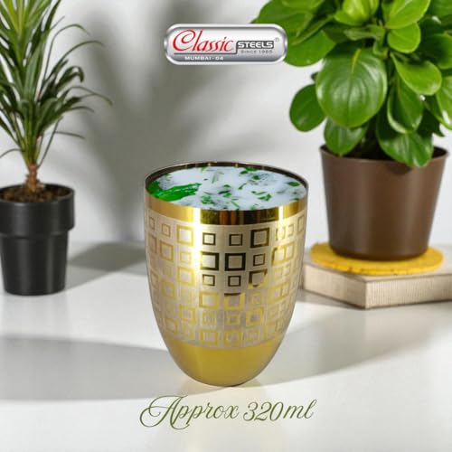 Image of Classic Steels Stainless Steel Gold Laser Lotus Glass Set of 6 for Water, Milk, Lassi & Juice | International Standard Food Grade PVD Gold Coating | 300 ML Each | 1 Year Guarantee