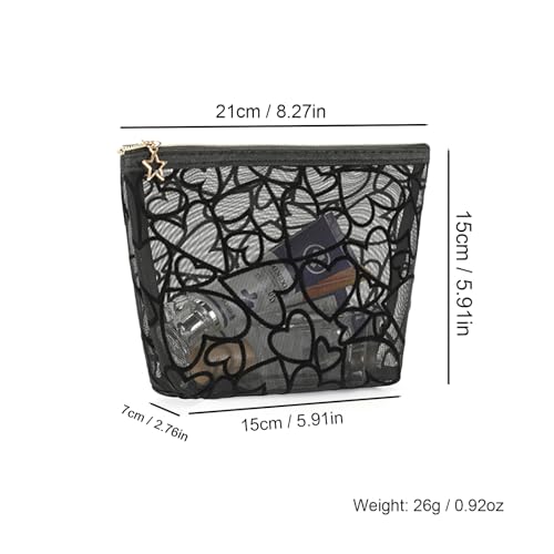 Image of Trapezoidal Mesh Makeup Bag Flocking Heart Printed, Portable Travel Mesh Cosmetic Bags Toiletry Bags Makeup Purse Bags Five-pointed star zipper pull Storage Pouches, for Home Travel