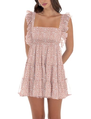 Image of Women's Summer Square Neck Tie Back Ruffle Sleeve Tiered Casual A-Line Short Mini Dress