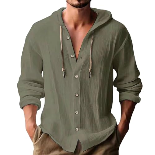 Costaric Cotton Linen Hoodies for Mens Summer Beach Long Sleeve Button Down Shirts Drawstring Hooded Tops Work Tshirt