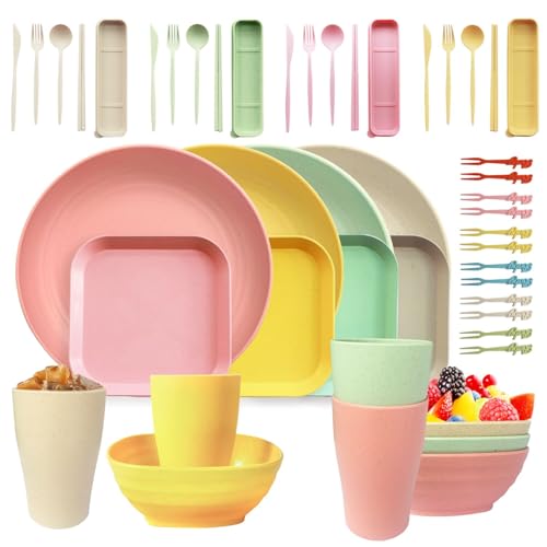 Sagiterra 48 Pcs Dinnerware Sets for 4,Plates and Bowls Sets Unbreakable Tableware set,Plates Bowls Cups Cutlery Sets,Travel Camping Lightweight Dinnerware?Light Color?
