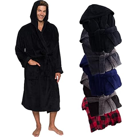 Ross Michaels Mens Robe Hooded Wrap Style - Mid Length Plush Fleece Bathrobe (Black, Large/X-Large) Cover