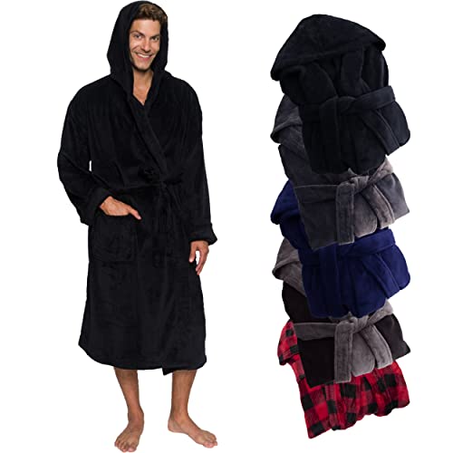 Ross Michaels Mens Robe Hooded Wrap Style - Mid Length Plush Fleece Bathrobe (Black, 3X-Large)