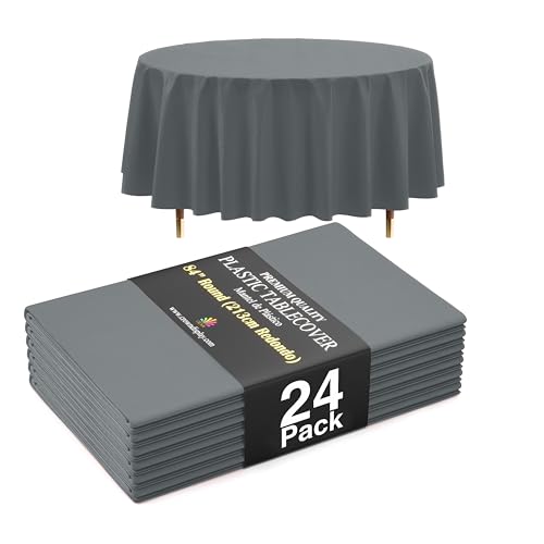 Image of Exquisite 66% Thicker Premium Silver Round Tablecloth 0.5 Mil 24 Pack Plastic Table Cloth Disposable 84 Inch Round Plastic Tablecloth Won't Tear Easily Like Cheap Thin Brands