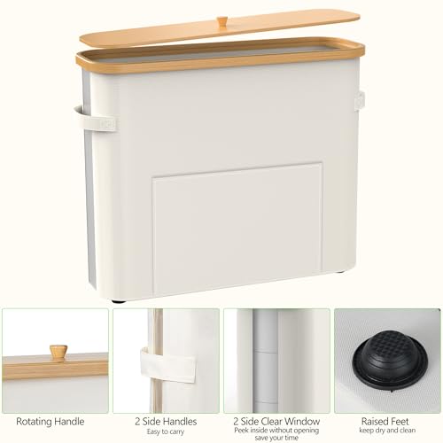 Thalomely Toilet Paper Storage Basket, Waterproof Toilet Paper Basket with Bamboo Lid and Handle, Collapsible Storage Organizer with Footbase for Bathroom, Toilet Paper Holder with Storage, Beige