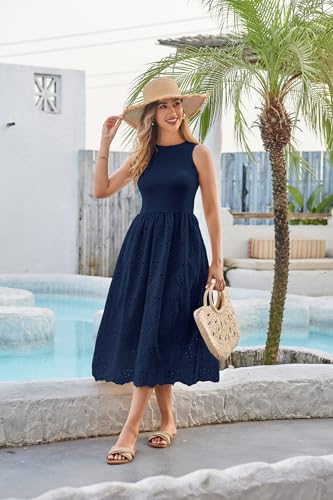 GRACE KARIN Women's Summer Sleeveless Tank Dress A Line Midi Dress Eyelet Crewneck Casual Holiday Dress with Pockets4