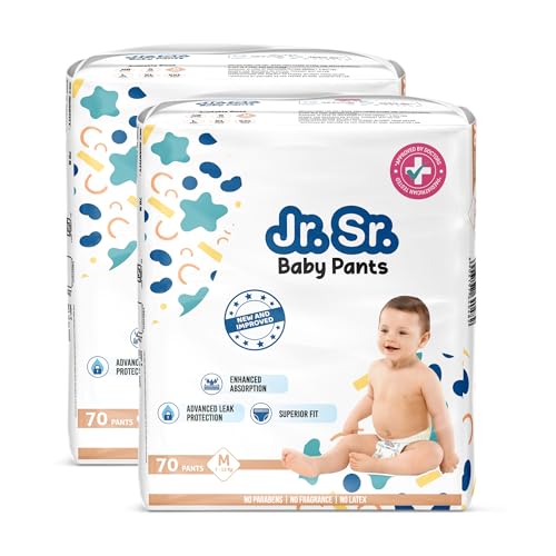 Image of Jr. Sr. Baby Diaper Pants | Medium (M) Size (7-12 kg), 140 Count | Pack of 2 | Upto 12 hr Absorption with Advanced Leak Protection | Safe For Babies Skin | Soft, Secure & Comfy
