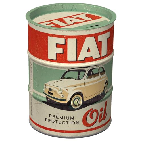 Nostalgic-Art Retro Spardose, 600 ml, FIAT – Premium Protection Oil – Geschenk-Idee für FIAT-Zubehör Fans, Original Lizenzprodukt (OLP), Sparschwein aus Metall, Vintage Blech-Sparbüchse