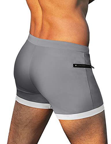 Coofandy Men's Swimwear Swimsuits Solid Basic Swim Boxer Trunks Board Shorts With Zipper Pockets Grey #TOP5