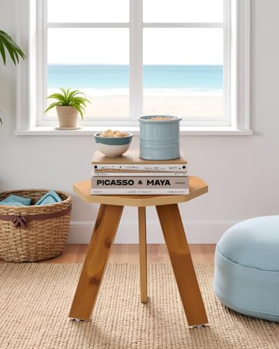 Image of SBF Furniture Wood Mini Hexagonal Side Table, 30 cm, Matte Finish, Modern Minimalist Design, 3 Angled Legs (Oach Yellow)